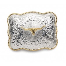 LONGHORN SILVER with GOLD TONED ROPE BORDER BUCKLE