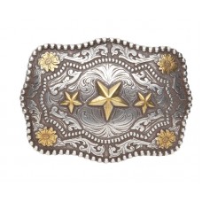 TRIPLE STAR ANTIQUED GOLD and SILVER PLATED TRIM BUCKLE