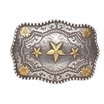 TRIPLE STAR ANTIQUED GOLD and SILVER PLATED TRIM BUCKLE