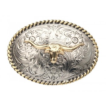 CHILDS NICKEL OVAL with GOLD LONGHORN BUCKLE