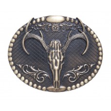 ANDWEST ANTIQUE BRASS OVAL ELK SKULL BELT BUCKLE WITH SCROLL